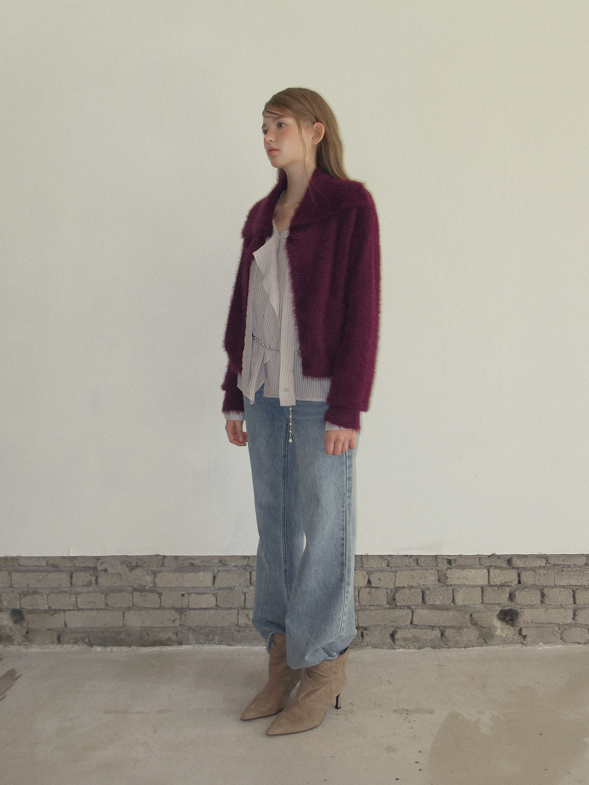 TWEE Sophie brushed collar knit long sleeve cardigan - Model styling view