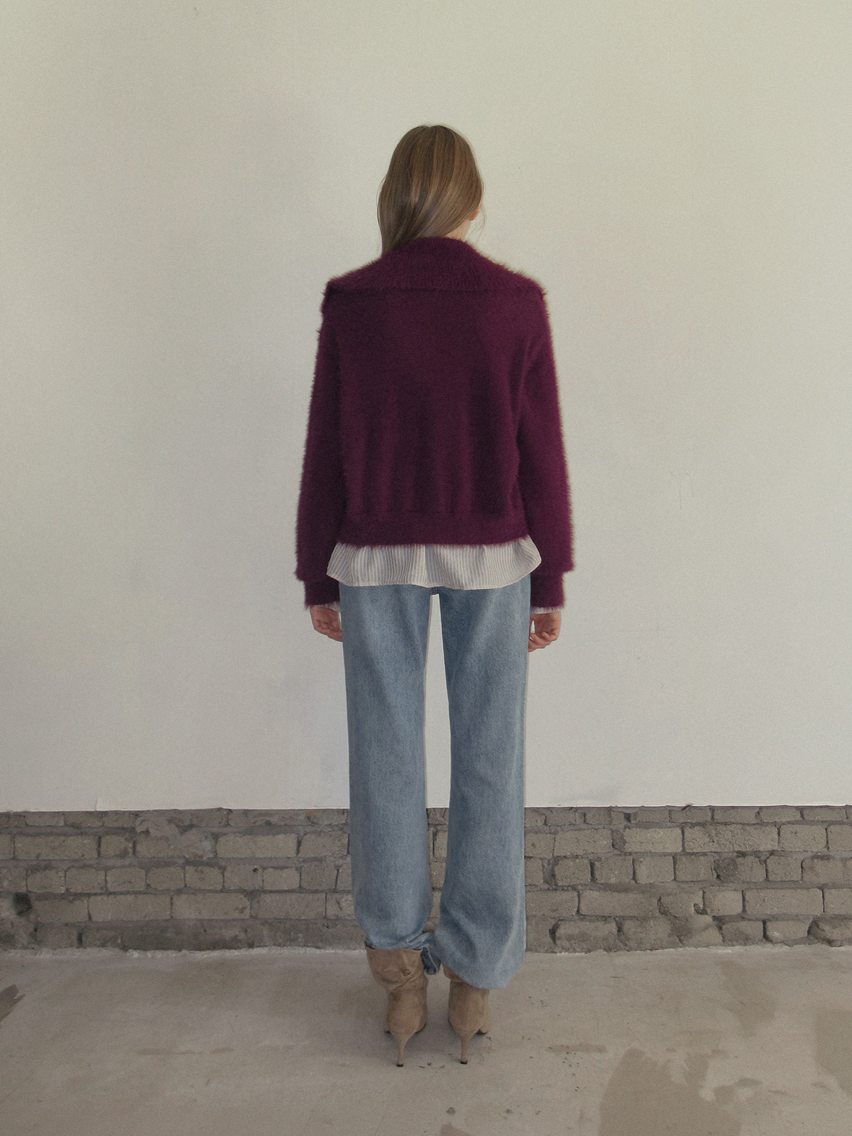 TWEE Sophie brushed collar knit long sleeve cardigan - Model styling view