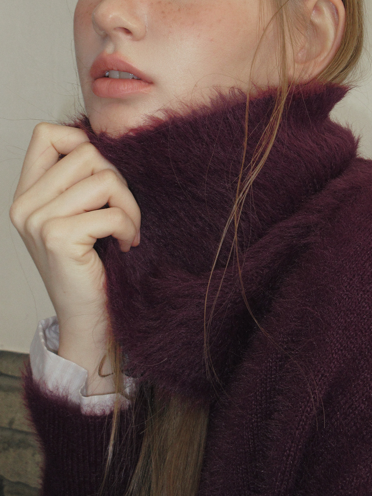 TWEE Sophie brushed collar knit long sleeve cardigan - Model styling view