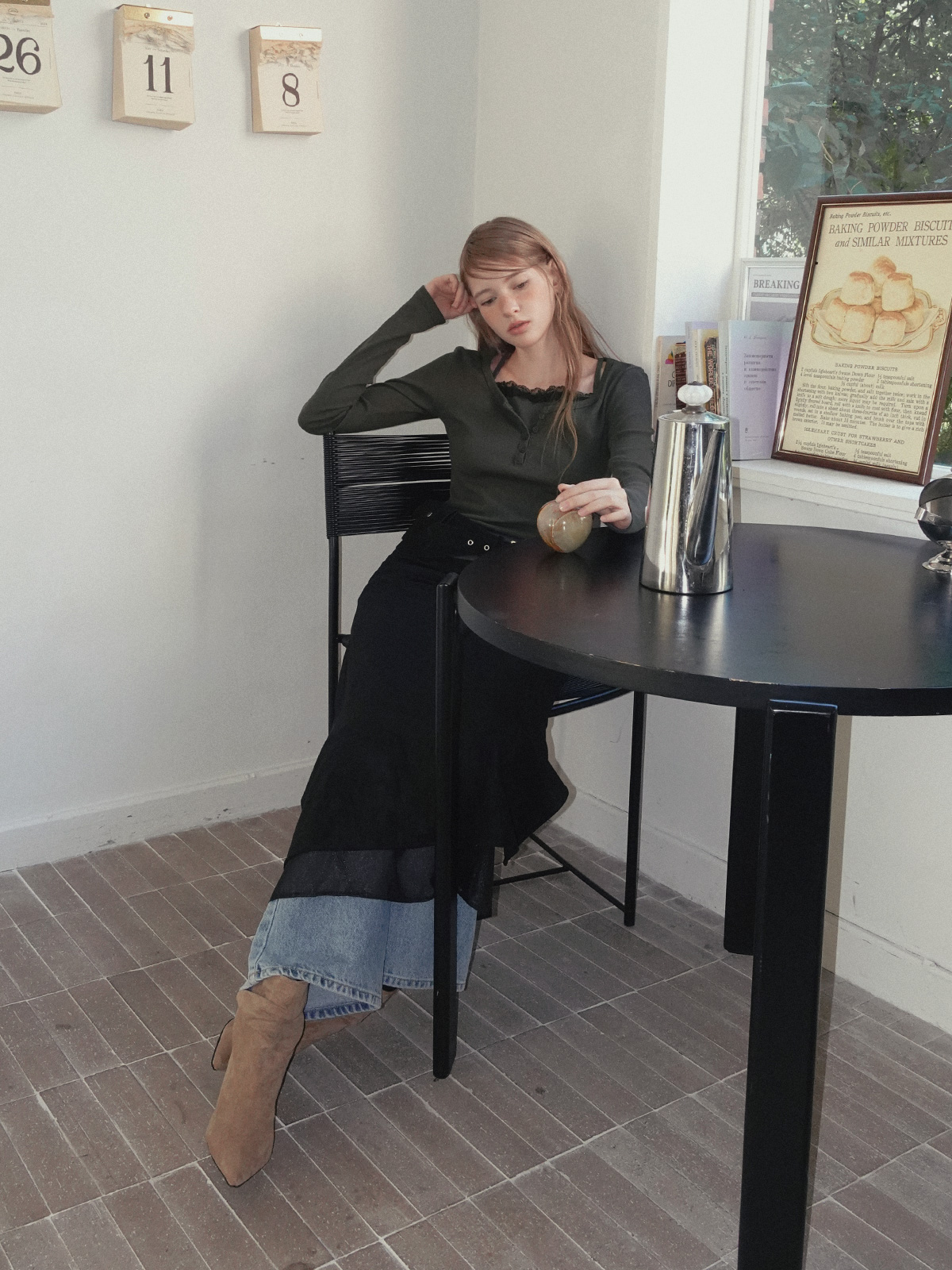 TWEE Benz organza layered suede long skirt - Model styling view