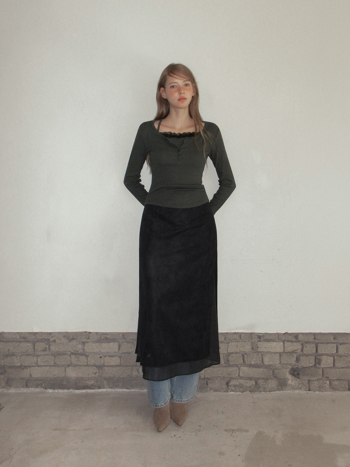 TWEE Martin lace contrast button long sleeve T-shirt - Model styling view