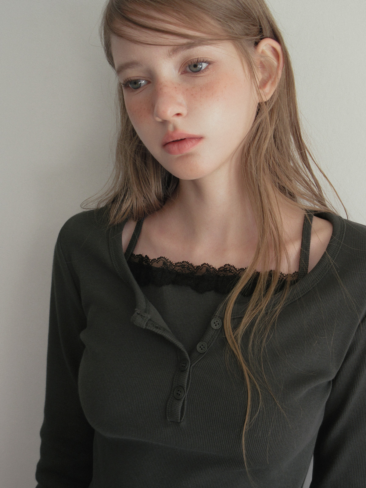 TWEE Martin lace contrast button long sleeve T-shirt - Model styling view