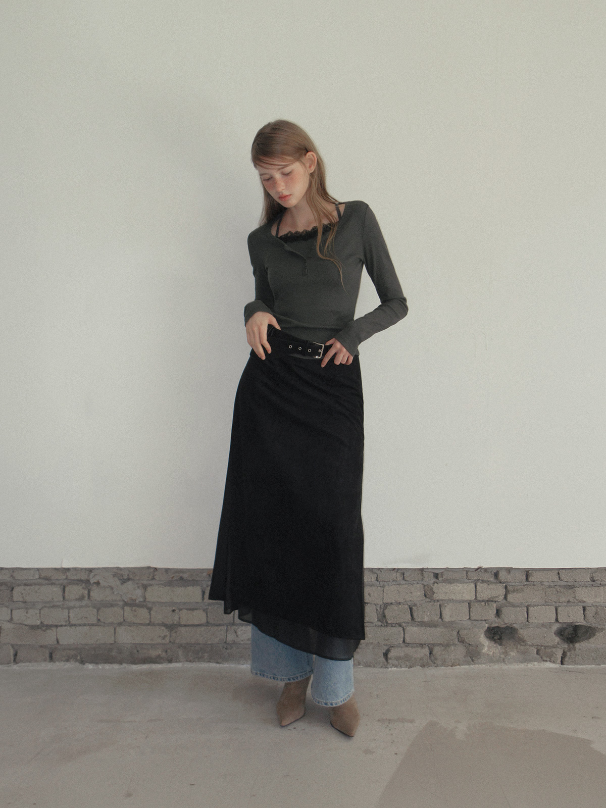 TWEE Martin lace contrast button long sleeve T-shirt - Model styling view