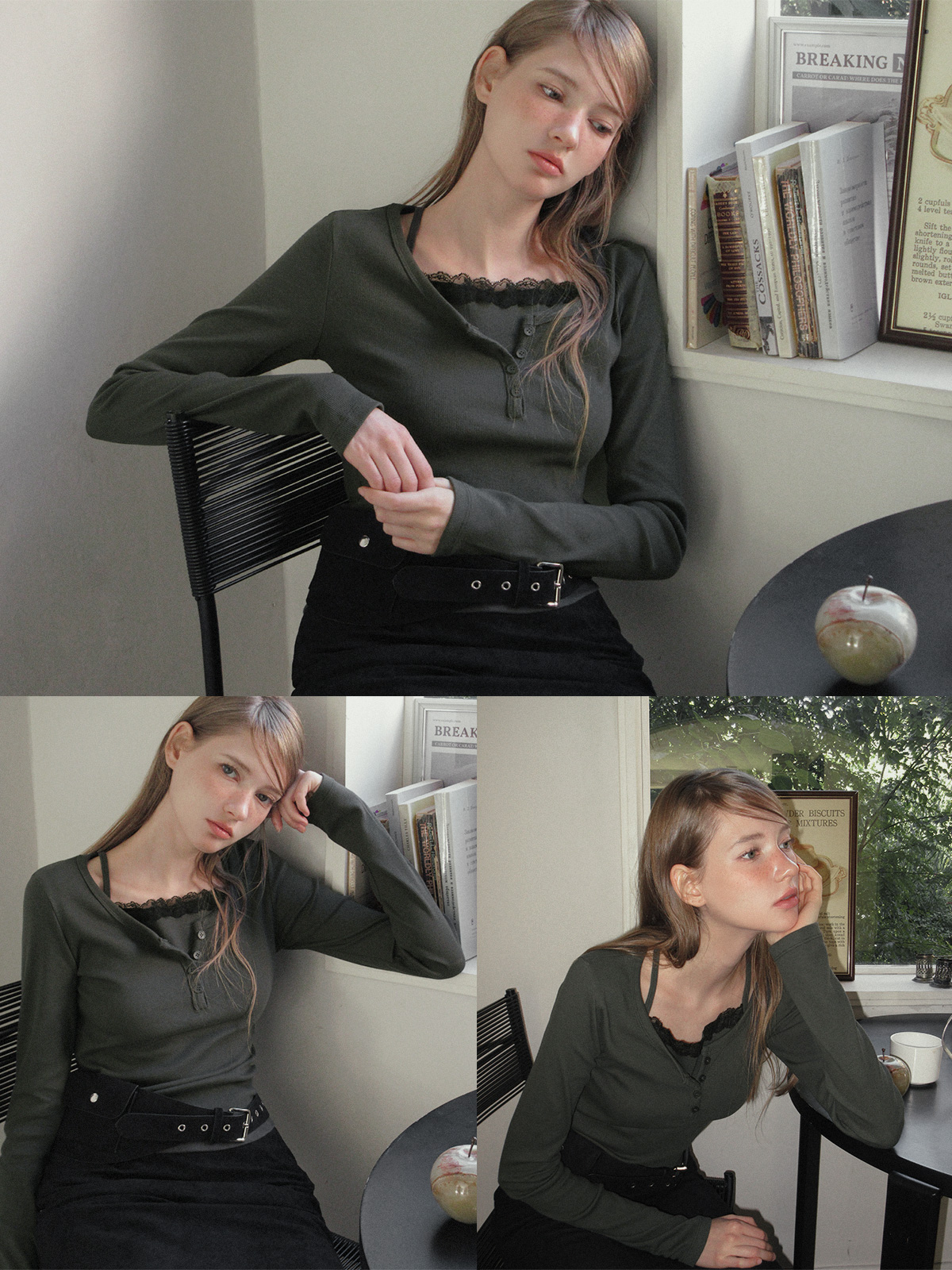 TWEE Martin lace contrast button long sleeve T-shirt - Model styling view