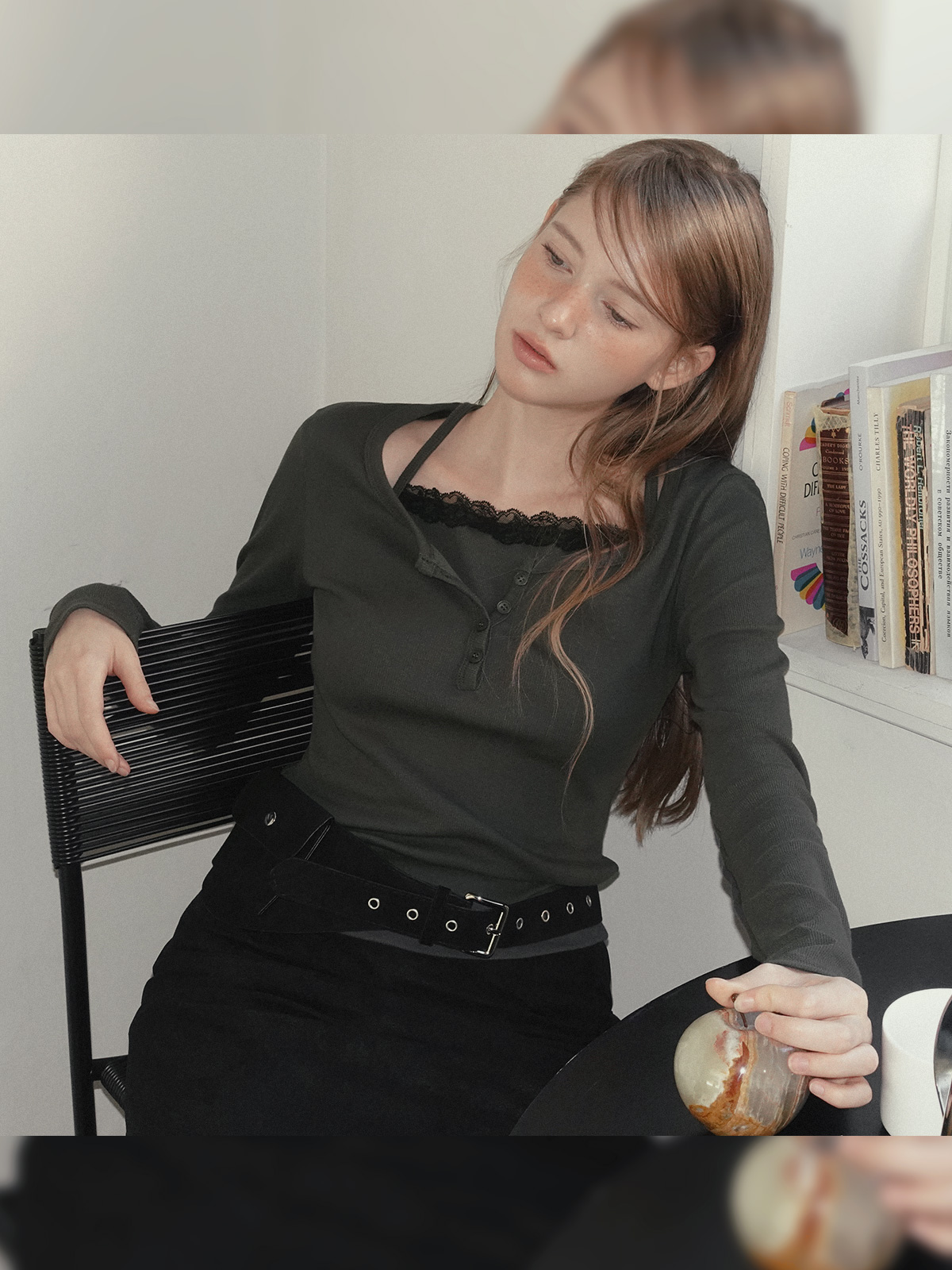 TWEE Martin lace contrast button long sleeve T-shirt - Model styling view