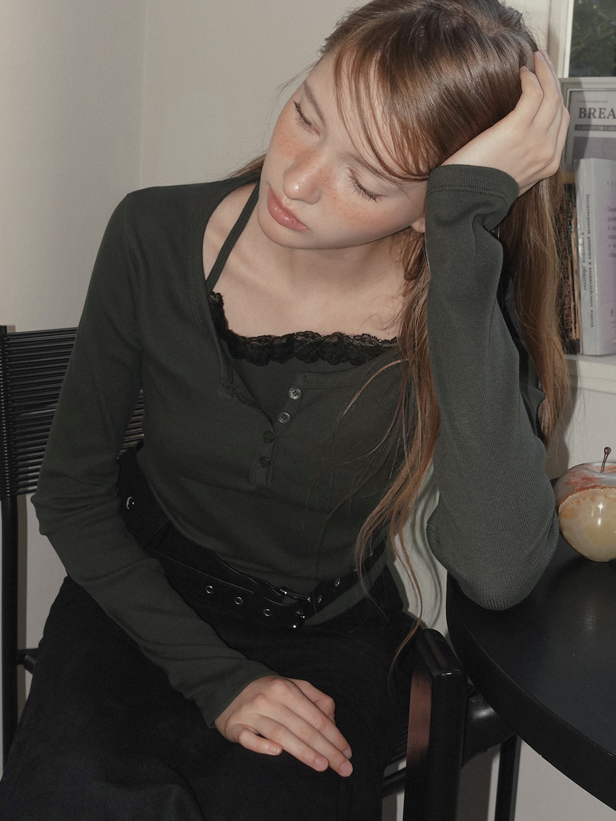 TWEE Martin lace contrast button long sleeve T-shirt - Model styling view