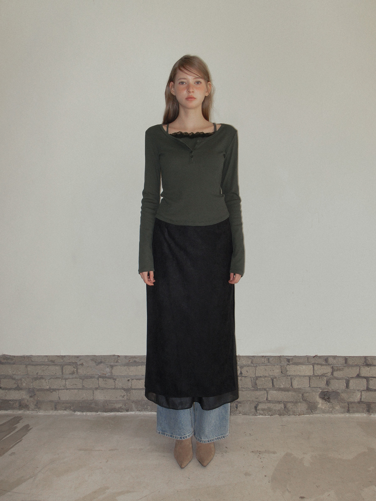 TWEE Martin lace contrast button long sleeve T-shirt - Model styling view