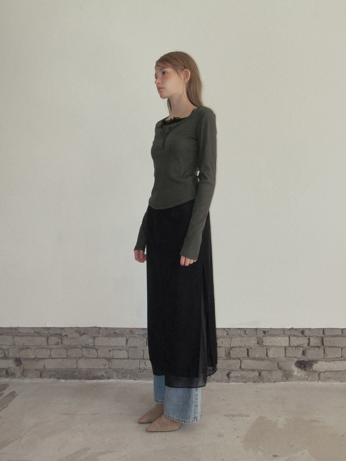 TWEE Martin lace contrast button long sleeve T-shirt - Model styling view
