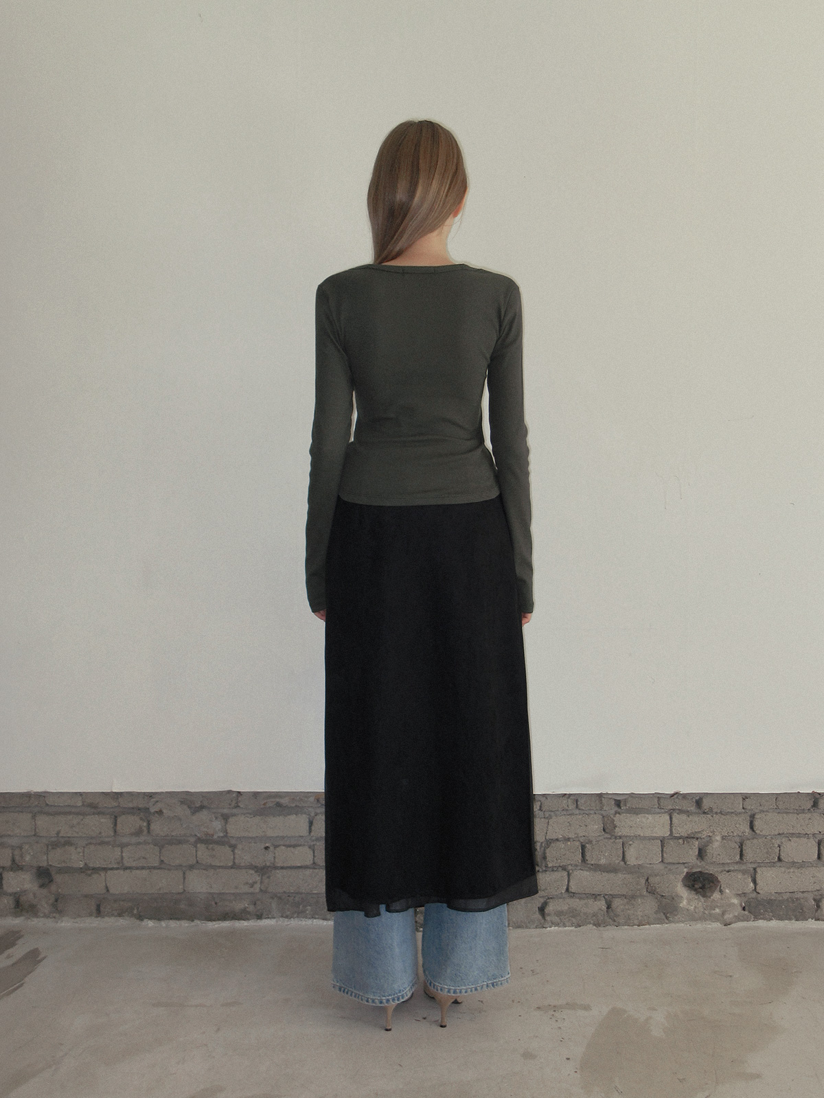 TWEE Martin lace contrast button long sleeve T-shirt - Model styling view