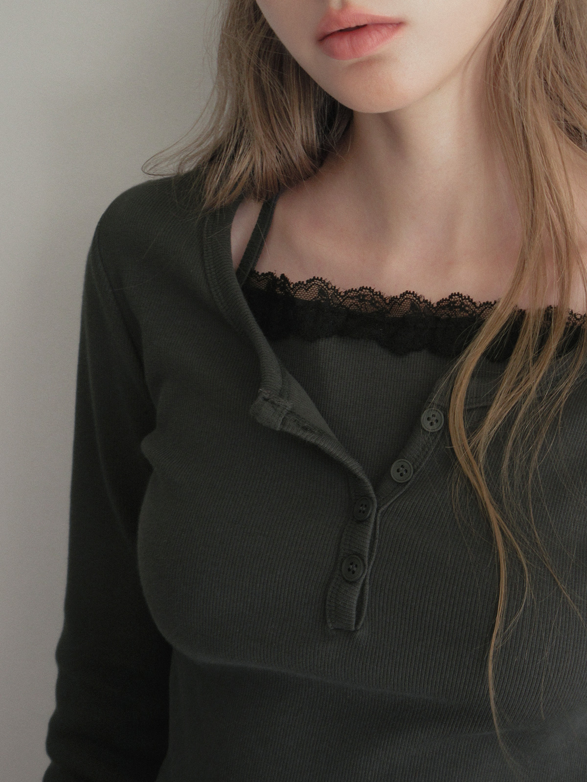 TWEE Martin lace contrast button long sleeve T-shirt - Model styling view