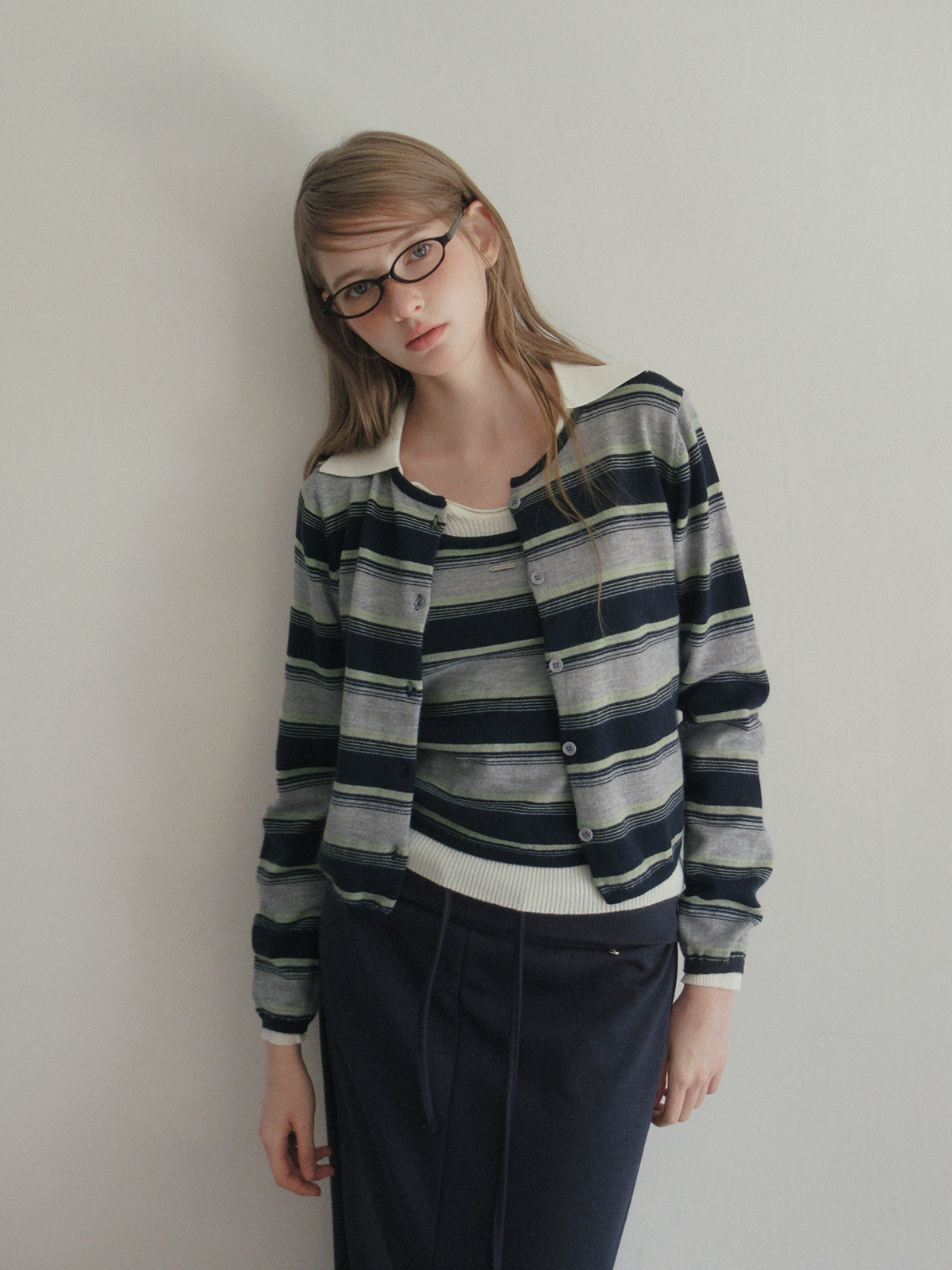 TWEE Curvin wide stripe sleeveless cardigan set - Model styling view