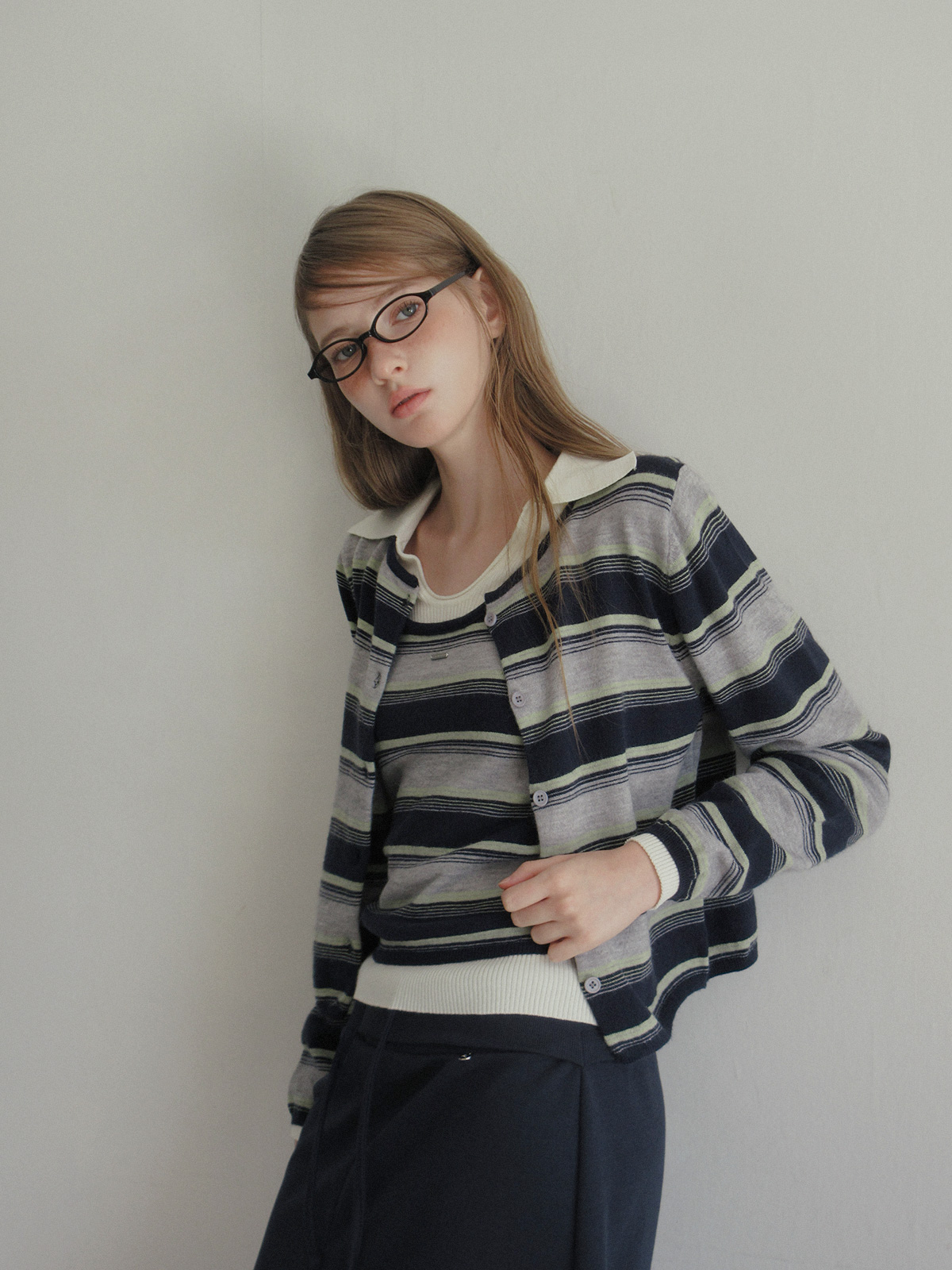 TWEE Curvin wide stripe sleeveless cardigan set - Model styling view