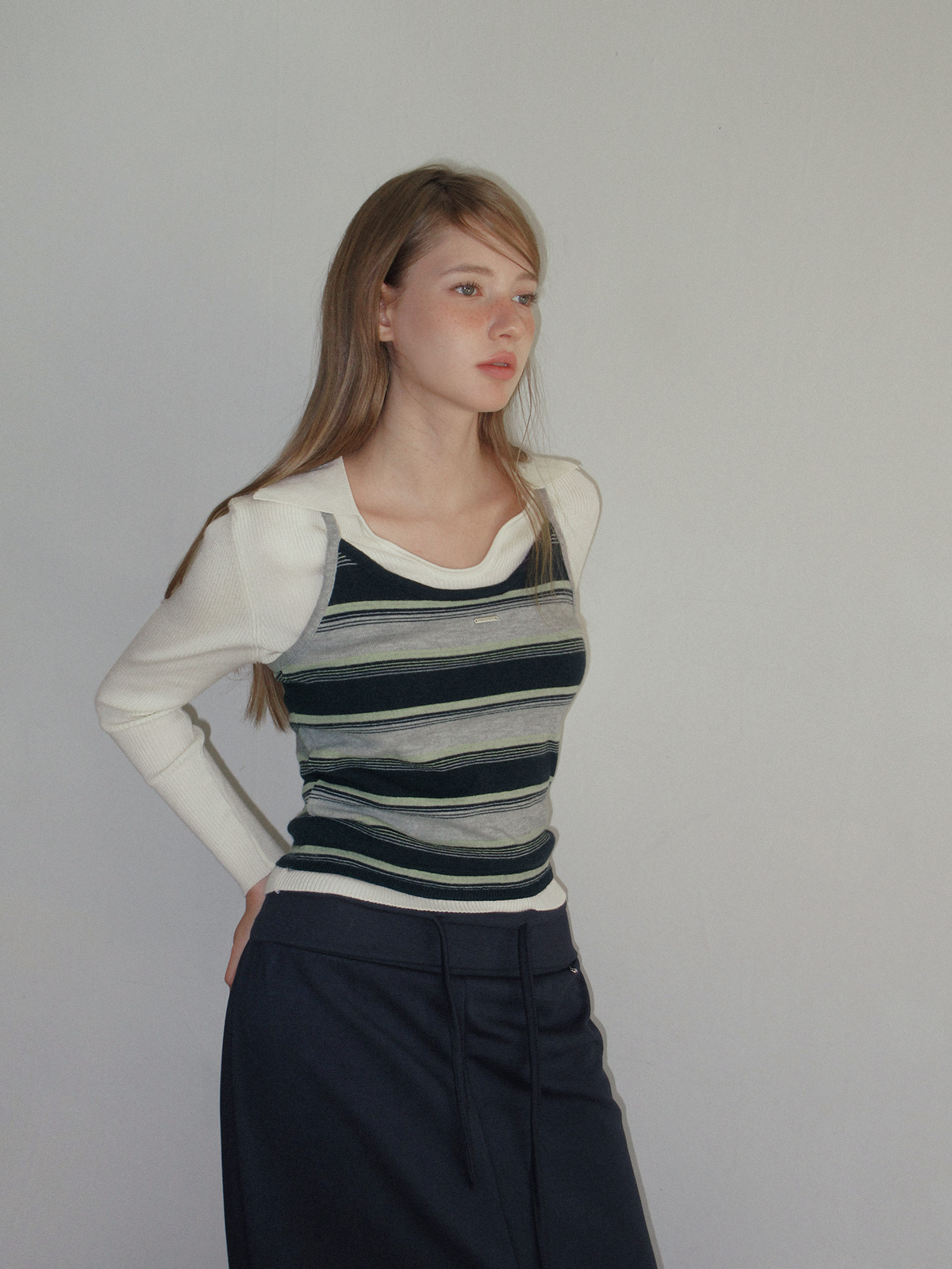 TWEE Curvin wide stripe sleeveless cardigan set - Model styling view