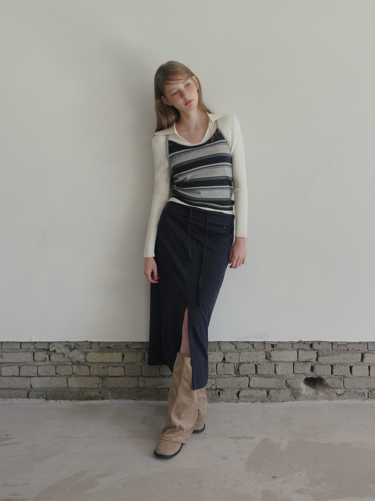 TWEE Curvin wide stripe sleeveless cardigan set - Model styling view