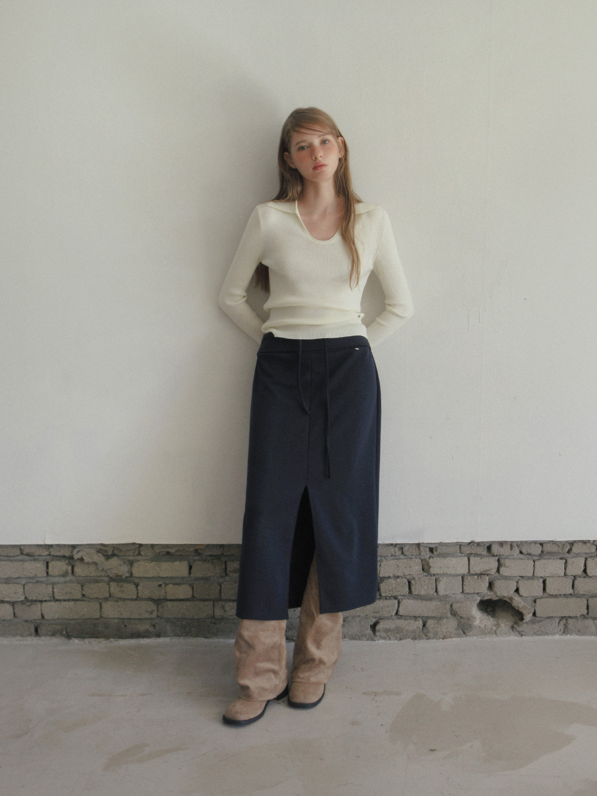 TWEE Curvin wide stripe sleeveless cardigan set - Model styling view
