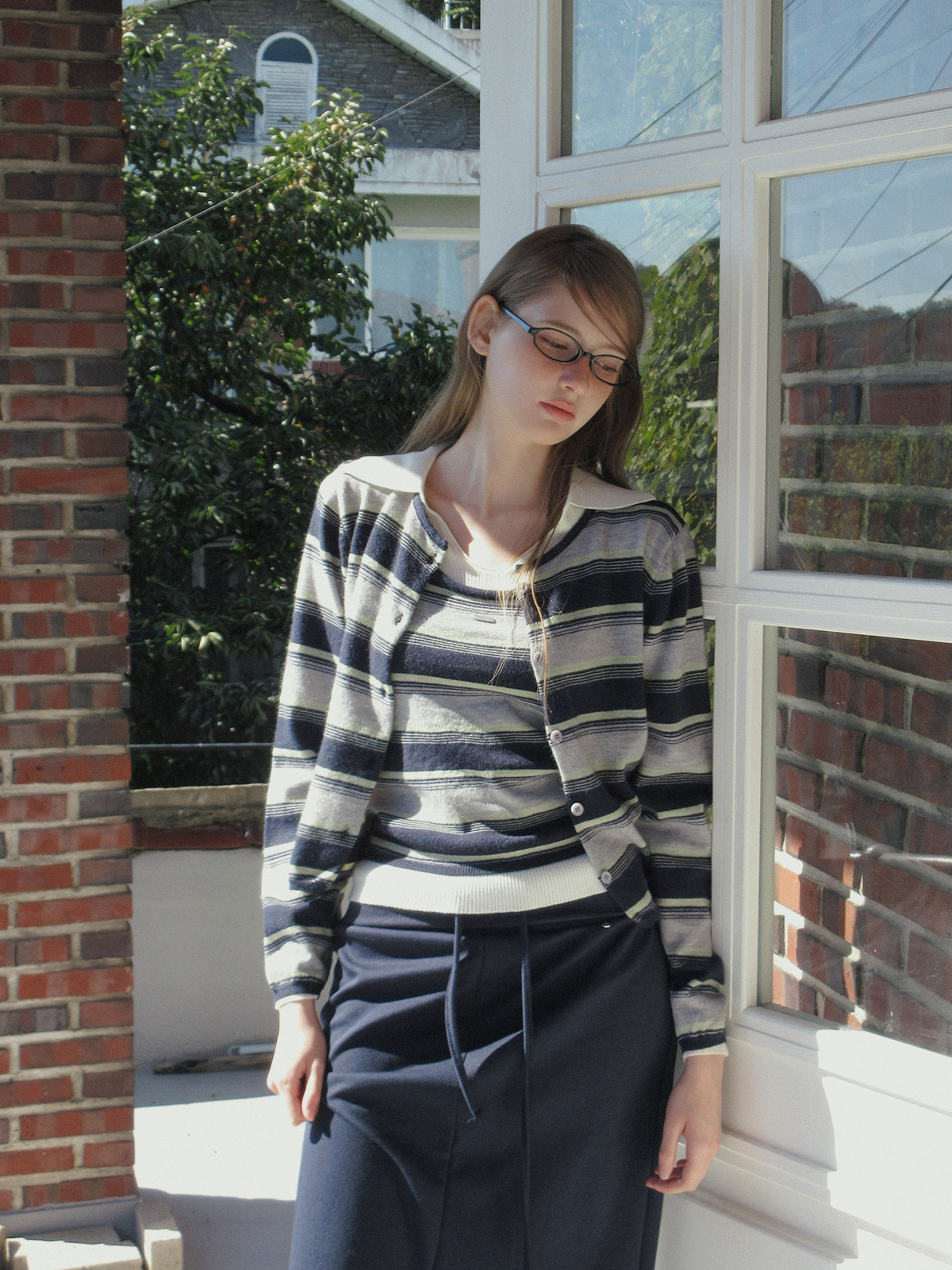 TWEE Curvin wide stripe sleeveless cardigan set - Model styling view