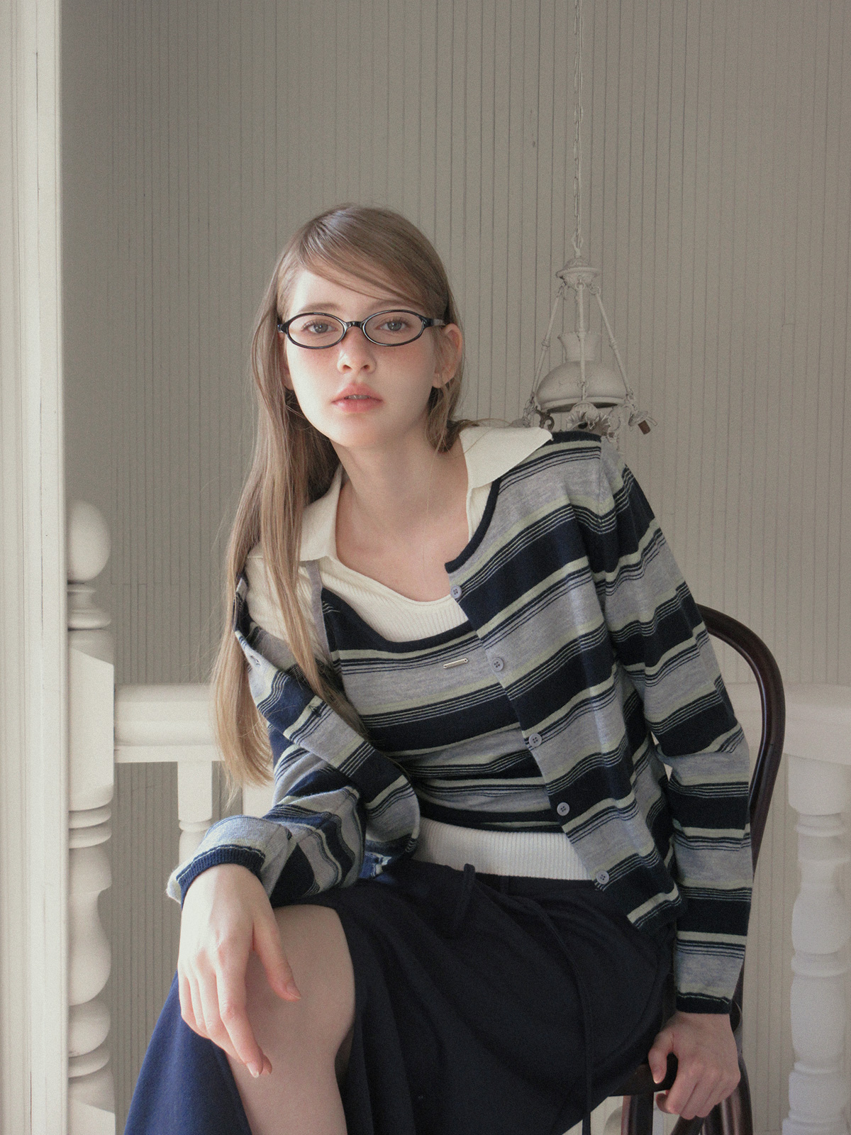 TWEE Curvin wide stripe sleeveless cardigan set - Model styling view
