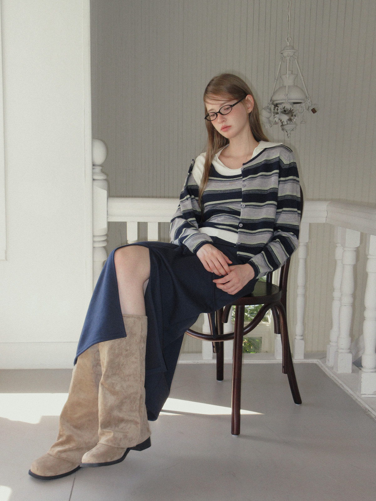 TWEE Curvin wide stripe sleeveless cardigan set - Model styling view