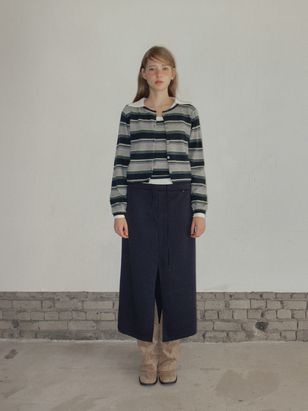 TWEE Curvin wide stripe sleeveless cardigan set - Model styling view
