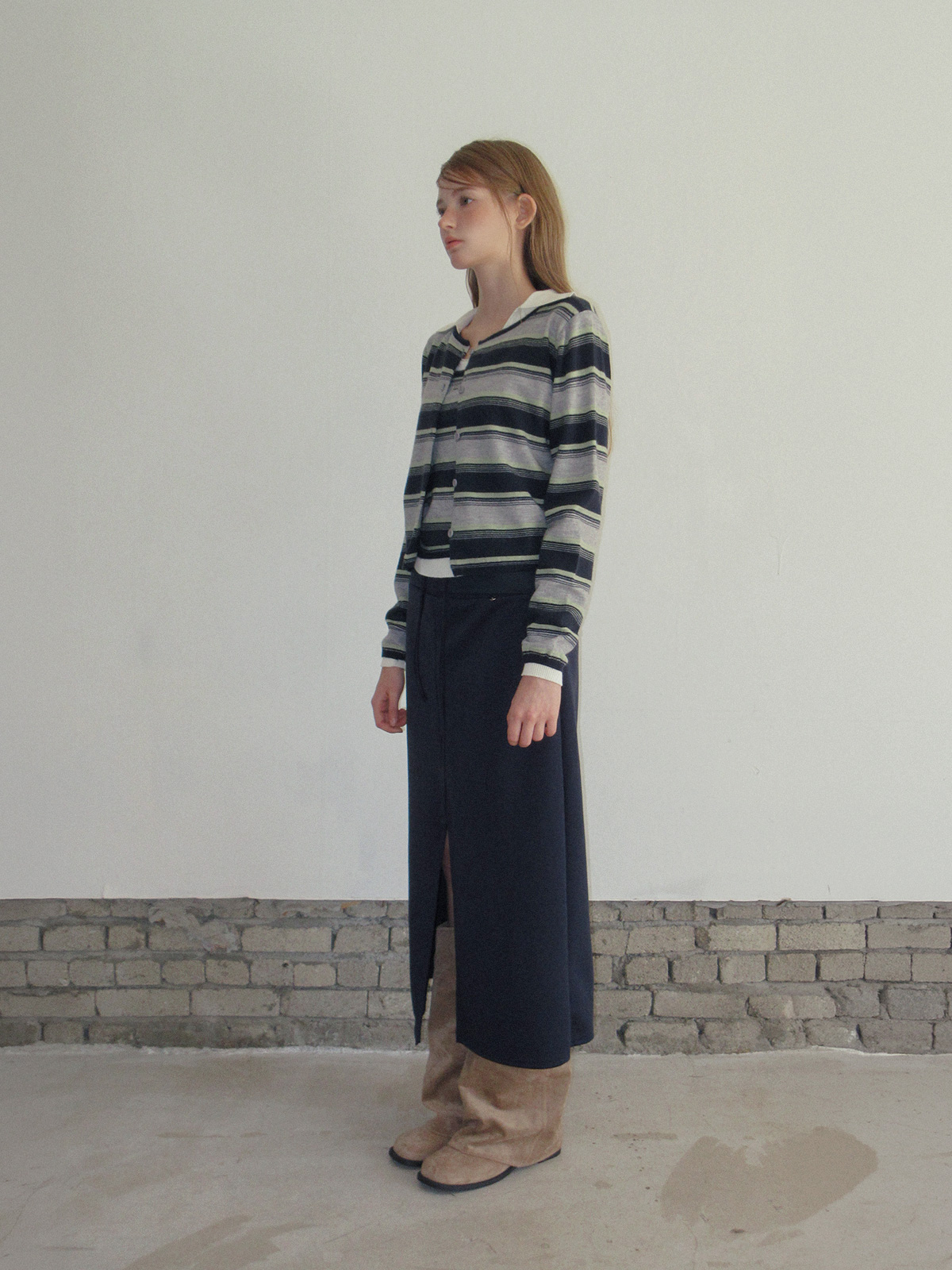 TWEE Curvin wide stripe sleeveless cardigan set - Model styling view