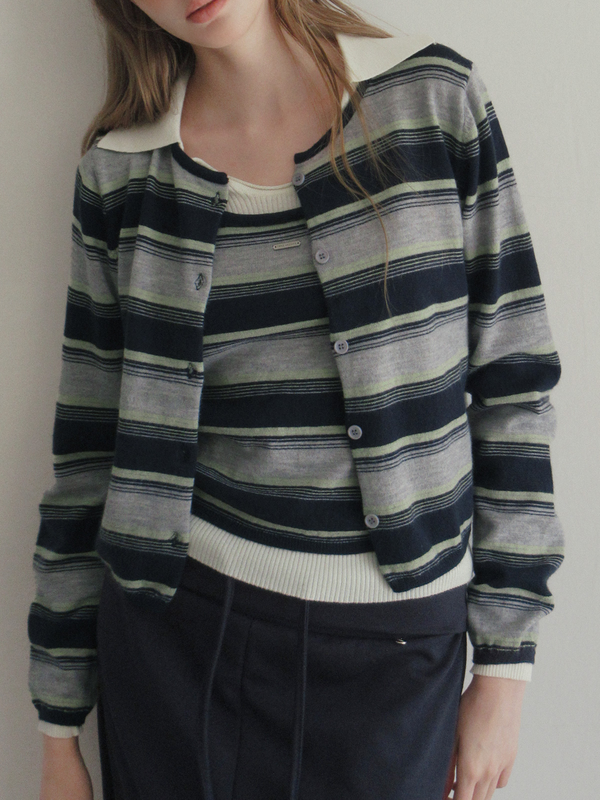 TWEE Curvin wide stripe sleeveless cardigan set - Model styling view