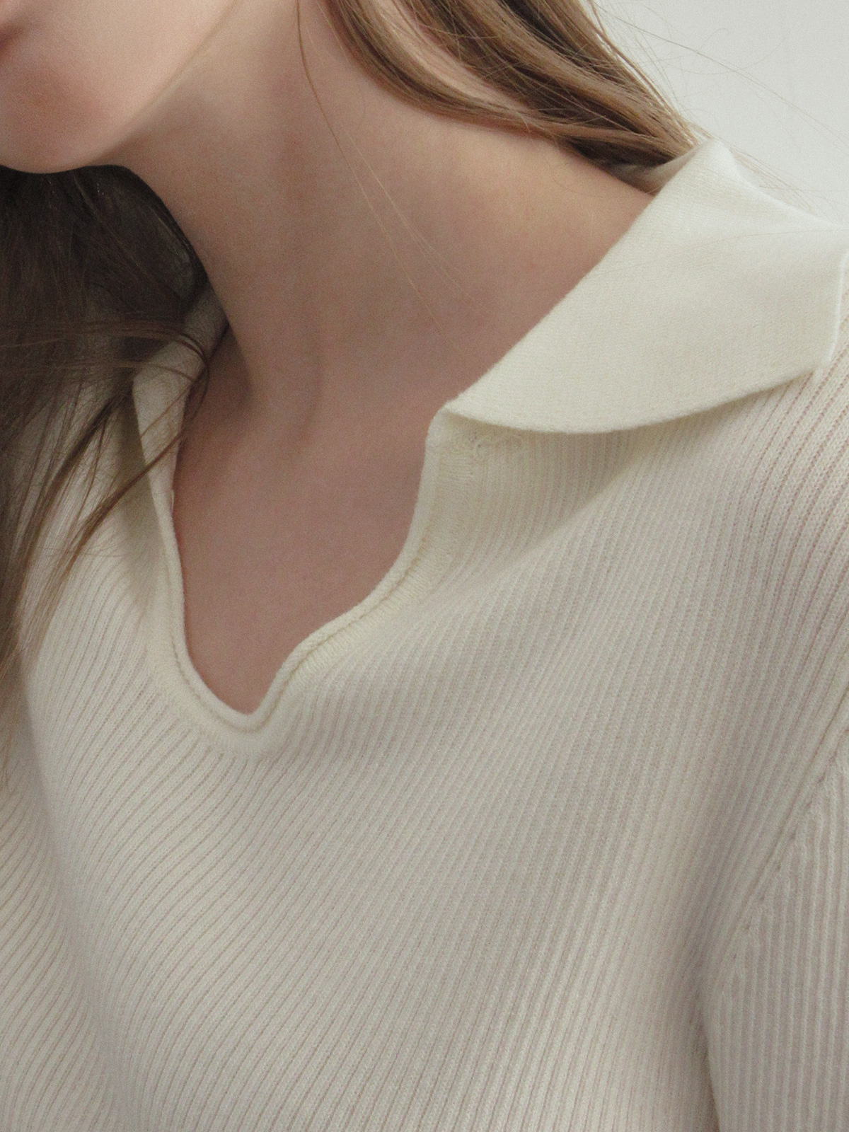 TWEE Ejeun open collar U-neck long sleeve knit - Model styling view