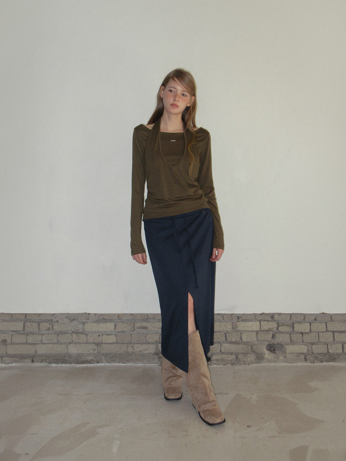 TWEE Pontis halter layered long sleeve T-shirt - Model styling view