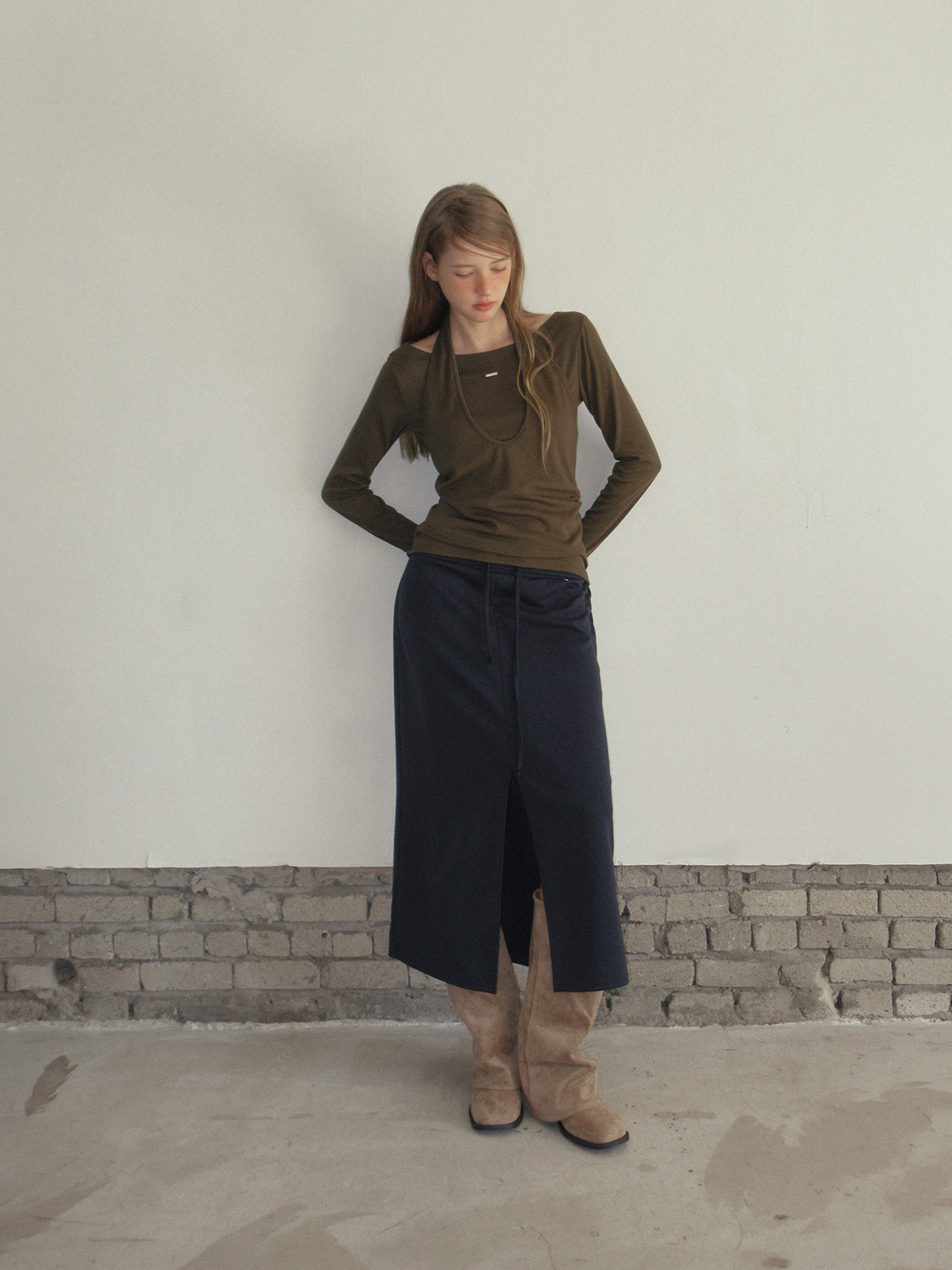 TWEE Pontis halter layered long sleeve T-shirt - Model styling view