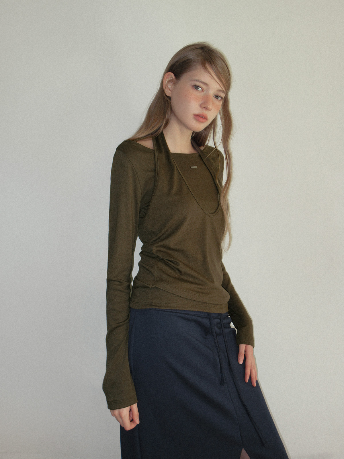 TWEE Pontis halter layered long sleeve T-shirt - Model styling view