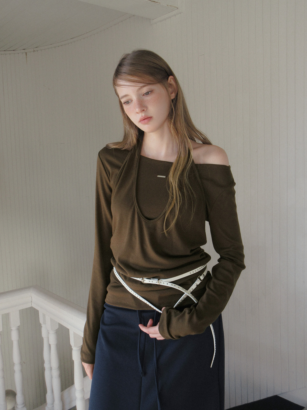 TWEE Pontis halter layered long sleeve T-shirt - Model styling view