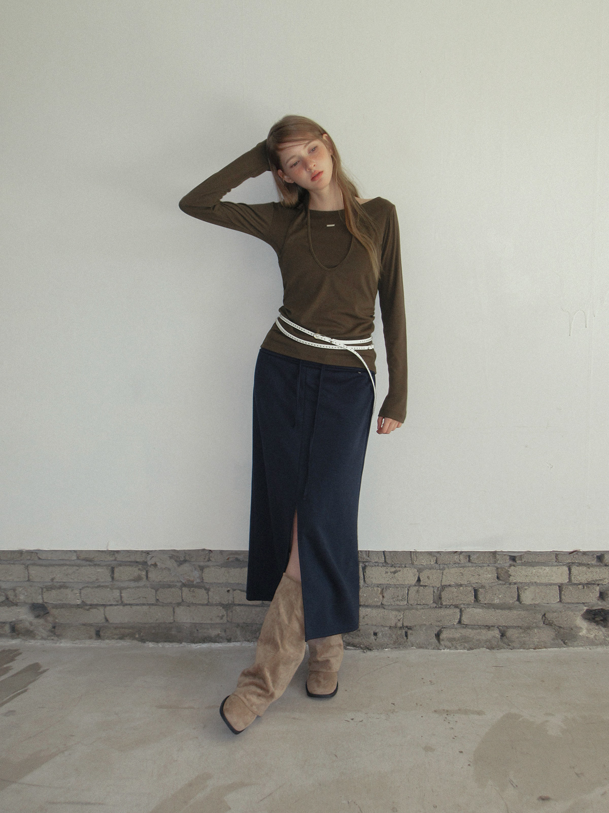 TWEE Pontis halter layered long sleeve T-shirt - Model styling view