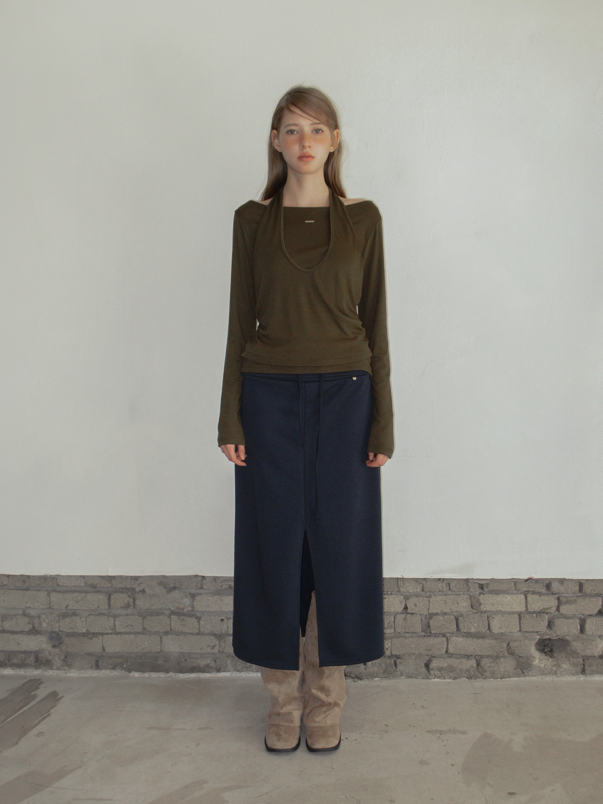 TWEE Pontis halter layered long sleeve T-shirt - Model styling view