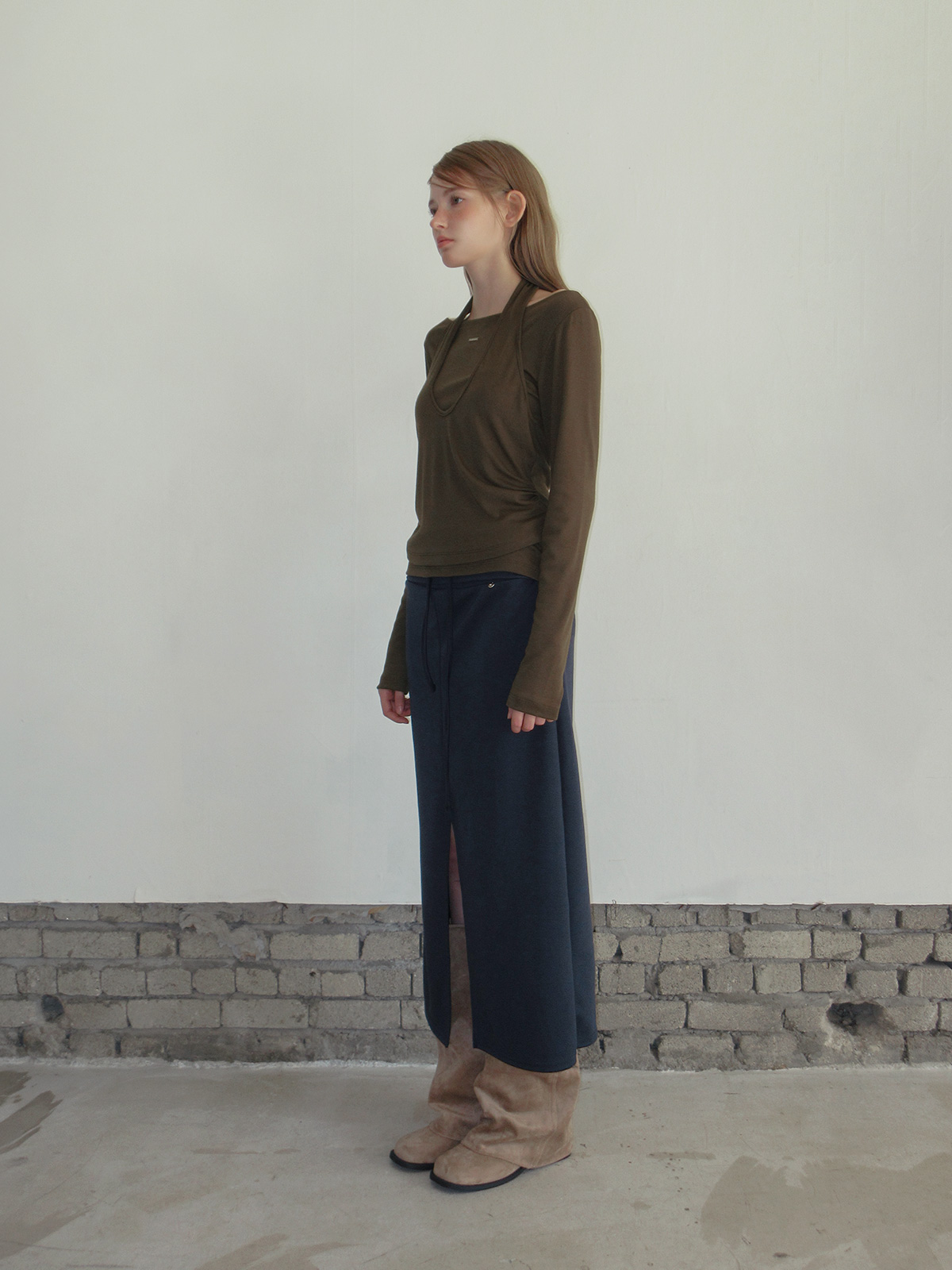 TWEE Pontis halter layered long sleeve T-shirt - Model styling view
