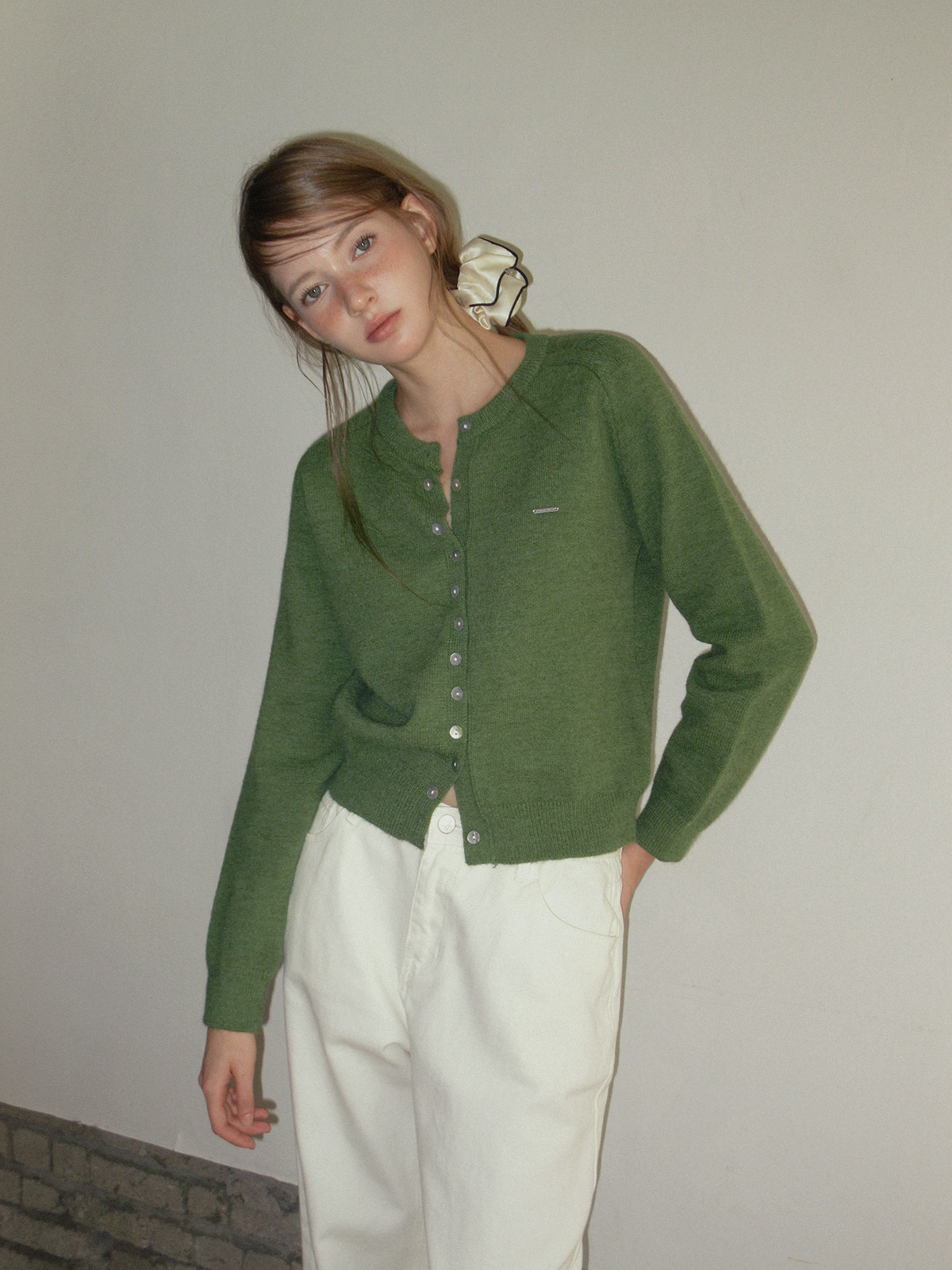 TWEE Ble round neck basic knit long sleeve cardigan - Model styling view