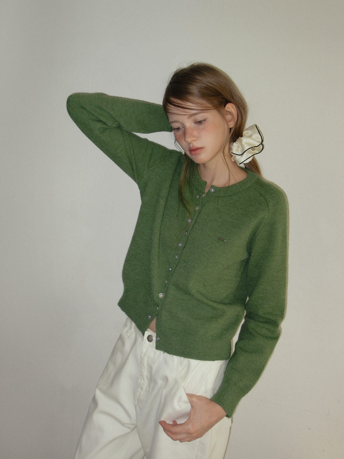 TWEE Ble round neck basic knit long sleeve cardigan - Model styling view