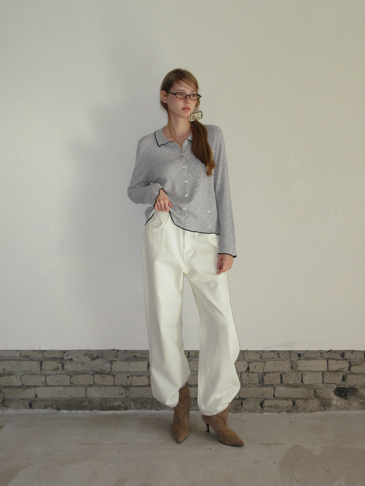 TWEE Hale collar contrast knit long sleeve cardigan - Model styling view