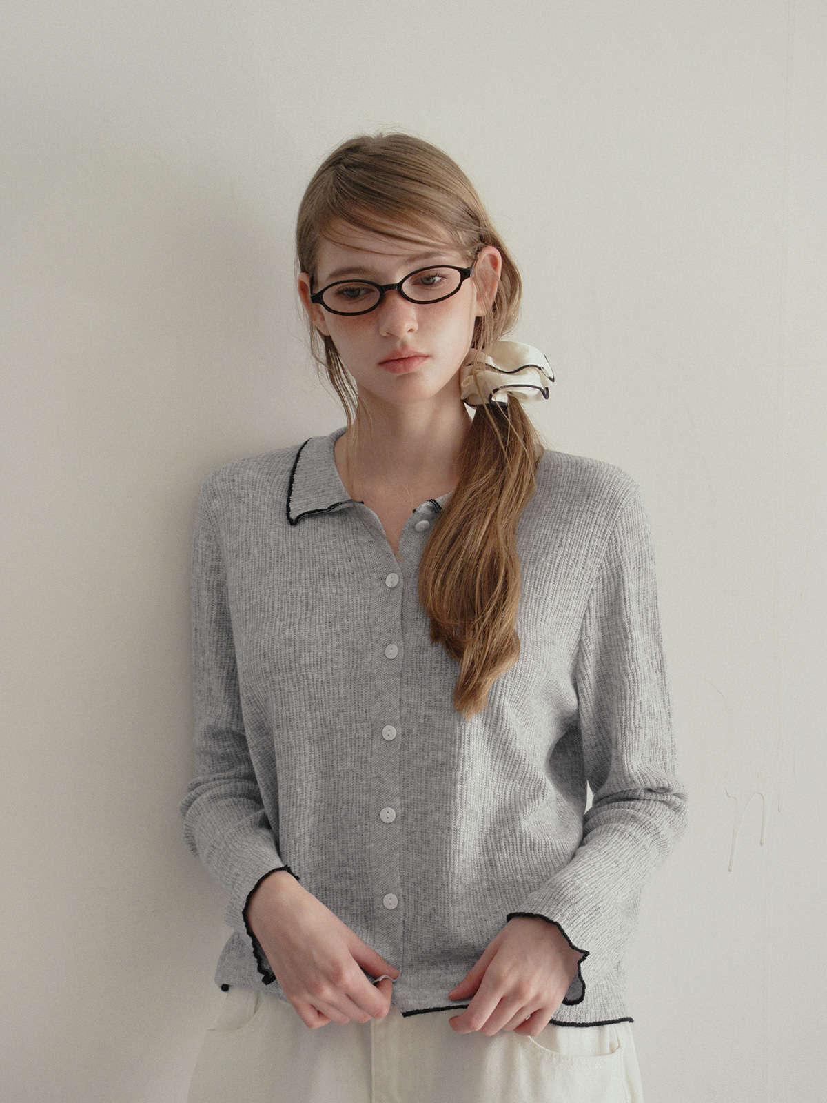 TWEE Hale collar contrast knit long sleeve cardigan - Model styling view