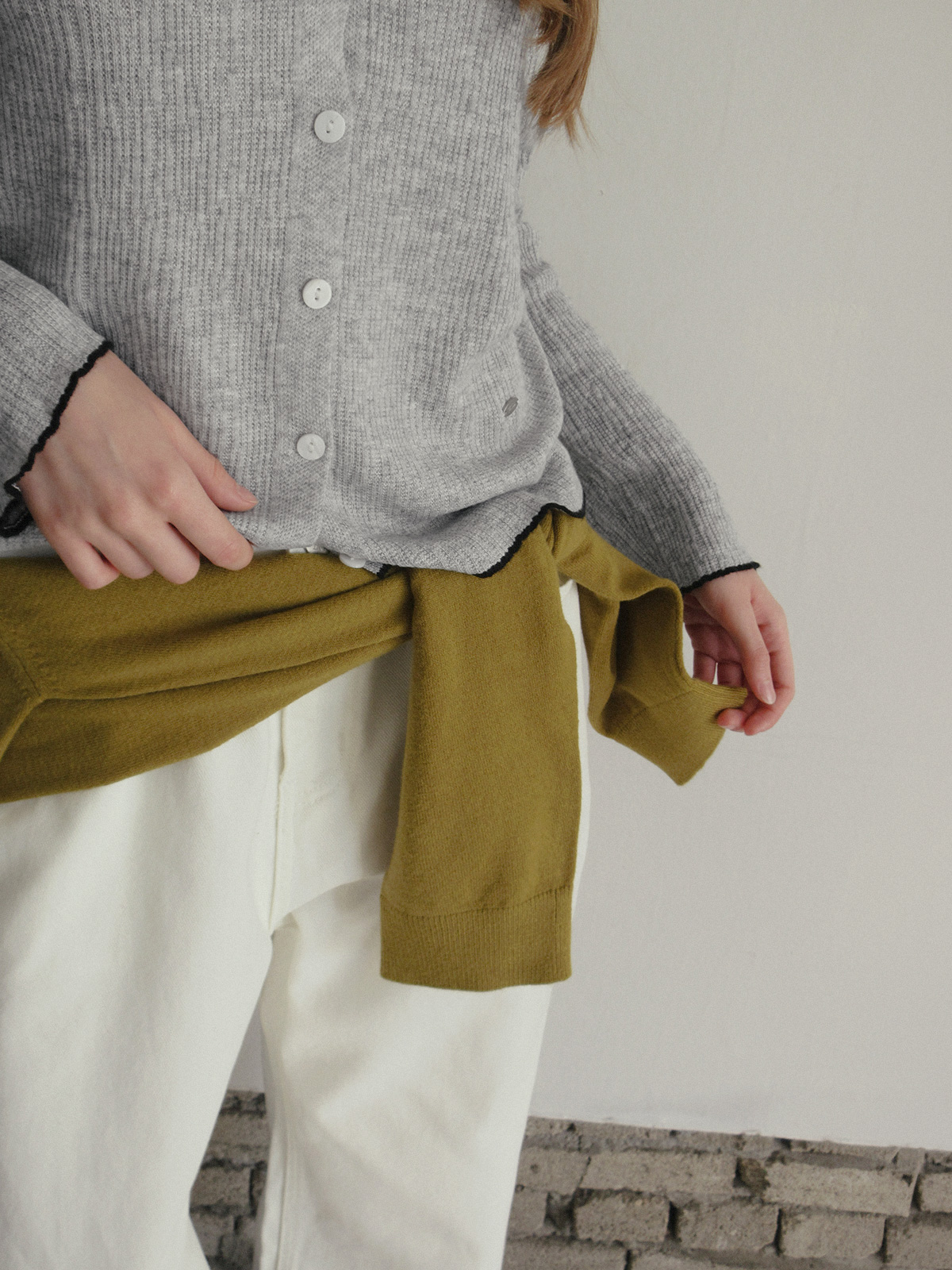 TWEE Hale collar contrast knit long sleeve cardigan - Model styling view
