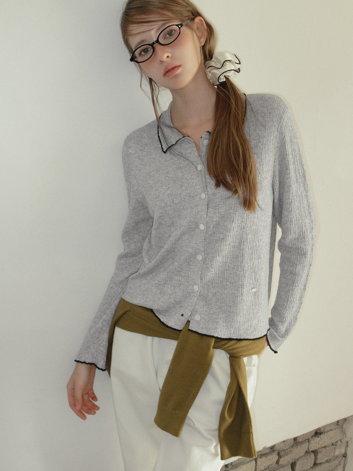 TWEE Hale collar contrast knit long sleeve cardigan - Model styling view