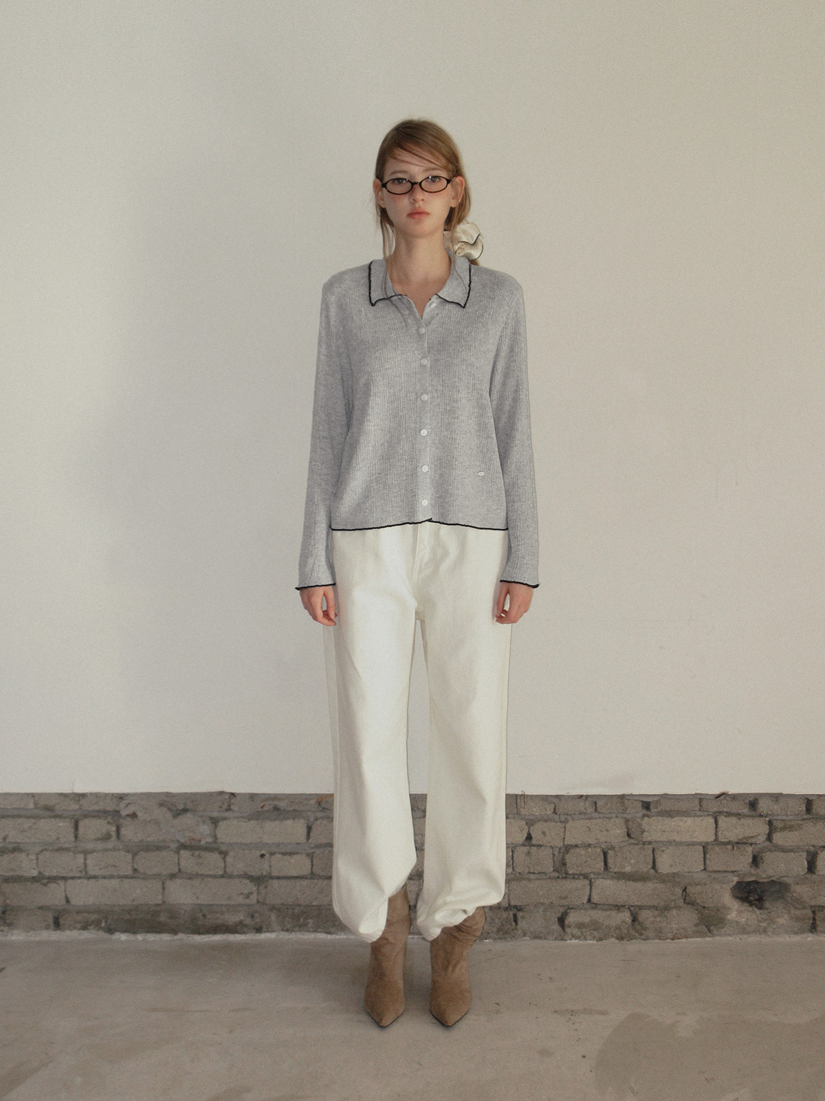 TWEE Hale collar contrast knit long sleeve cardigan - Model styling view