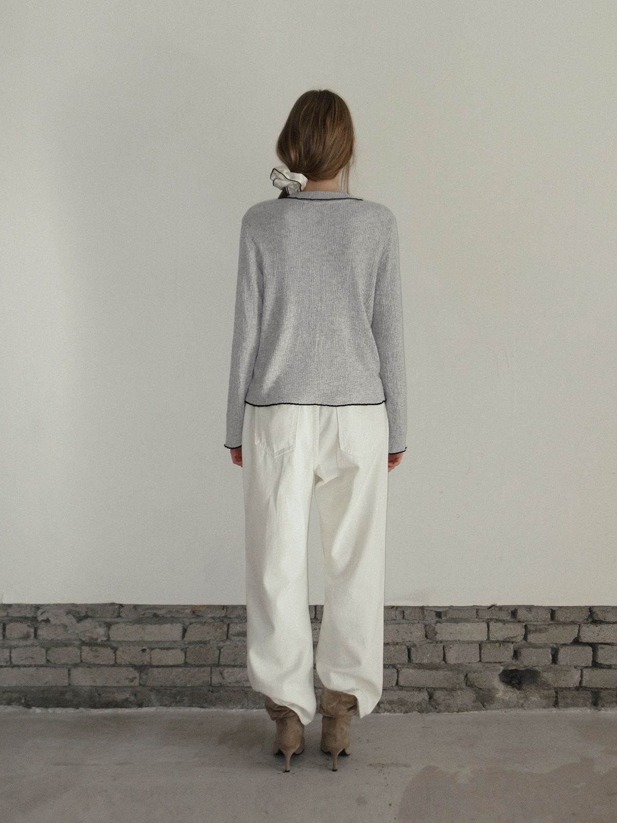 TWEE Hale collar contrast knit long sleeve cardigan - Model styling view