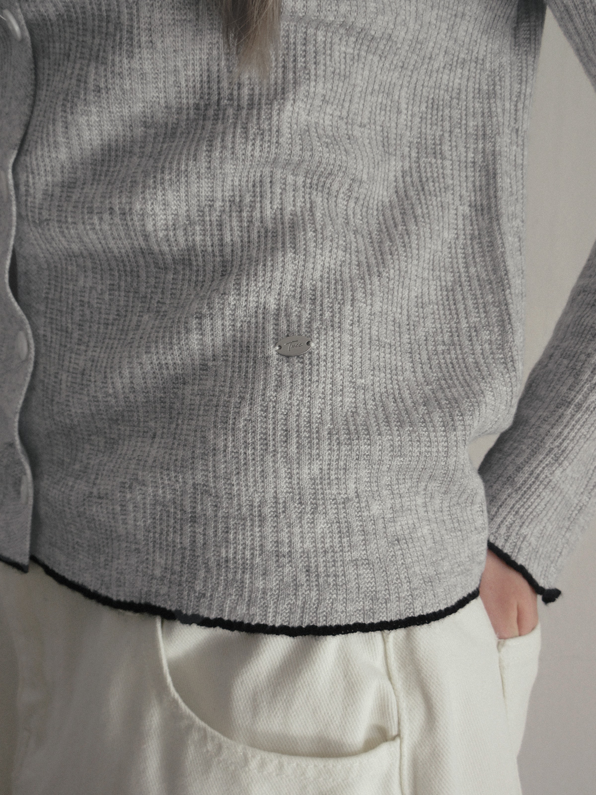 TWEE Hale collar contrast knit long sleeve cardigan - Model styling view