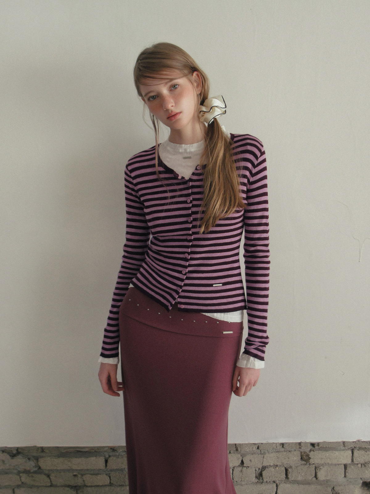 TWEE Pera stripe knit long sleeve cardigan - Model styling view