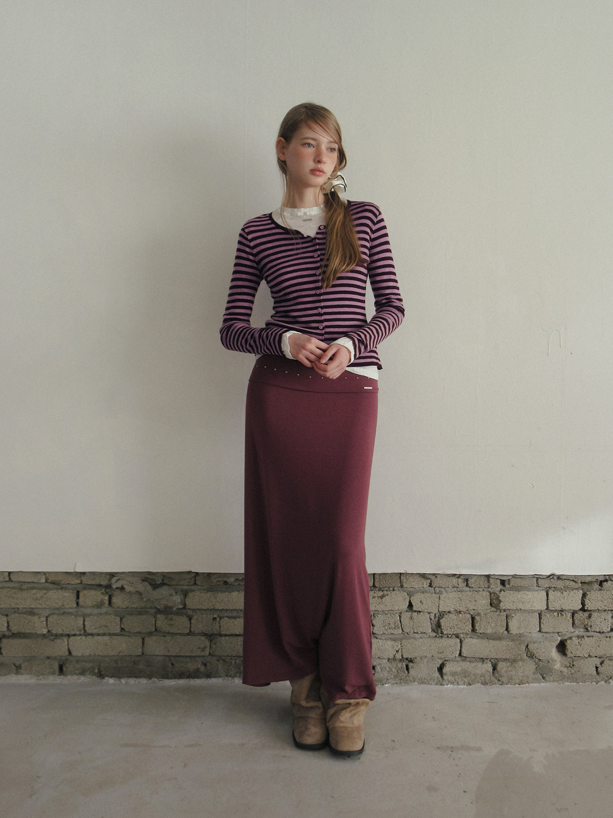 TWEE Pera stripe knit long sleeve cardigan - Model styling view