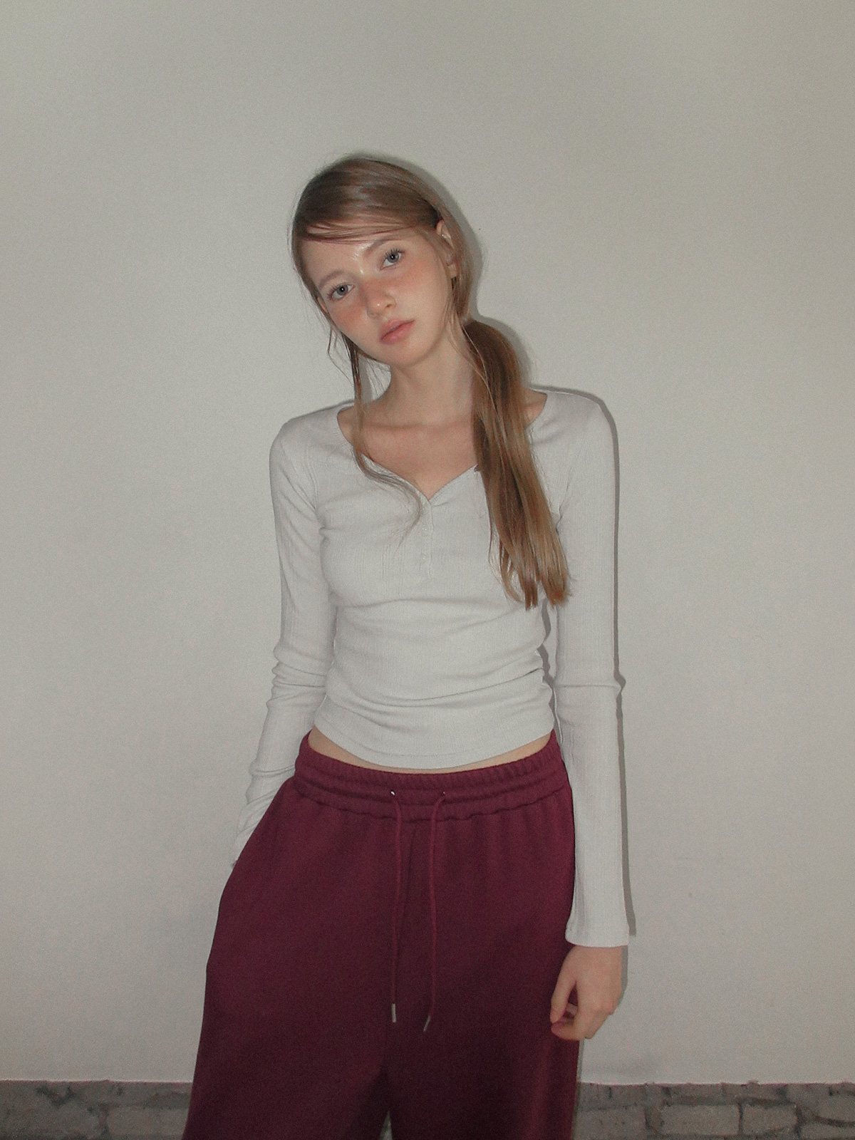 TWEE Enti button V-neck ribbed long sleeve T-shirt - Model styling view