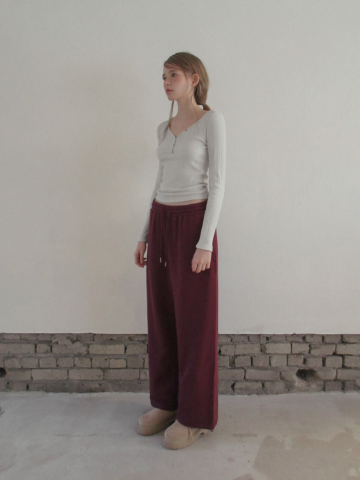 TWEE Enti button V-neck ribbed long sleeve T-shirt - Model styling view