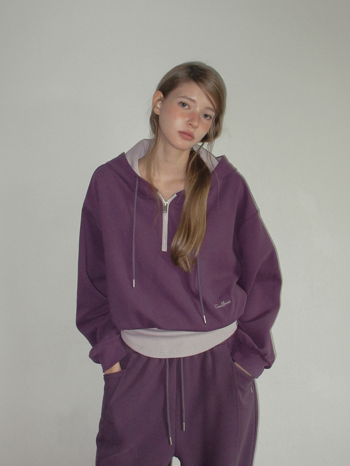 TWEE Medi layered half hood zip-up T-shirt - Model styling view
