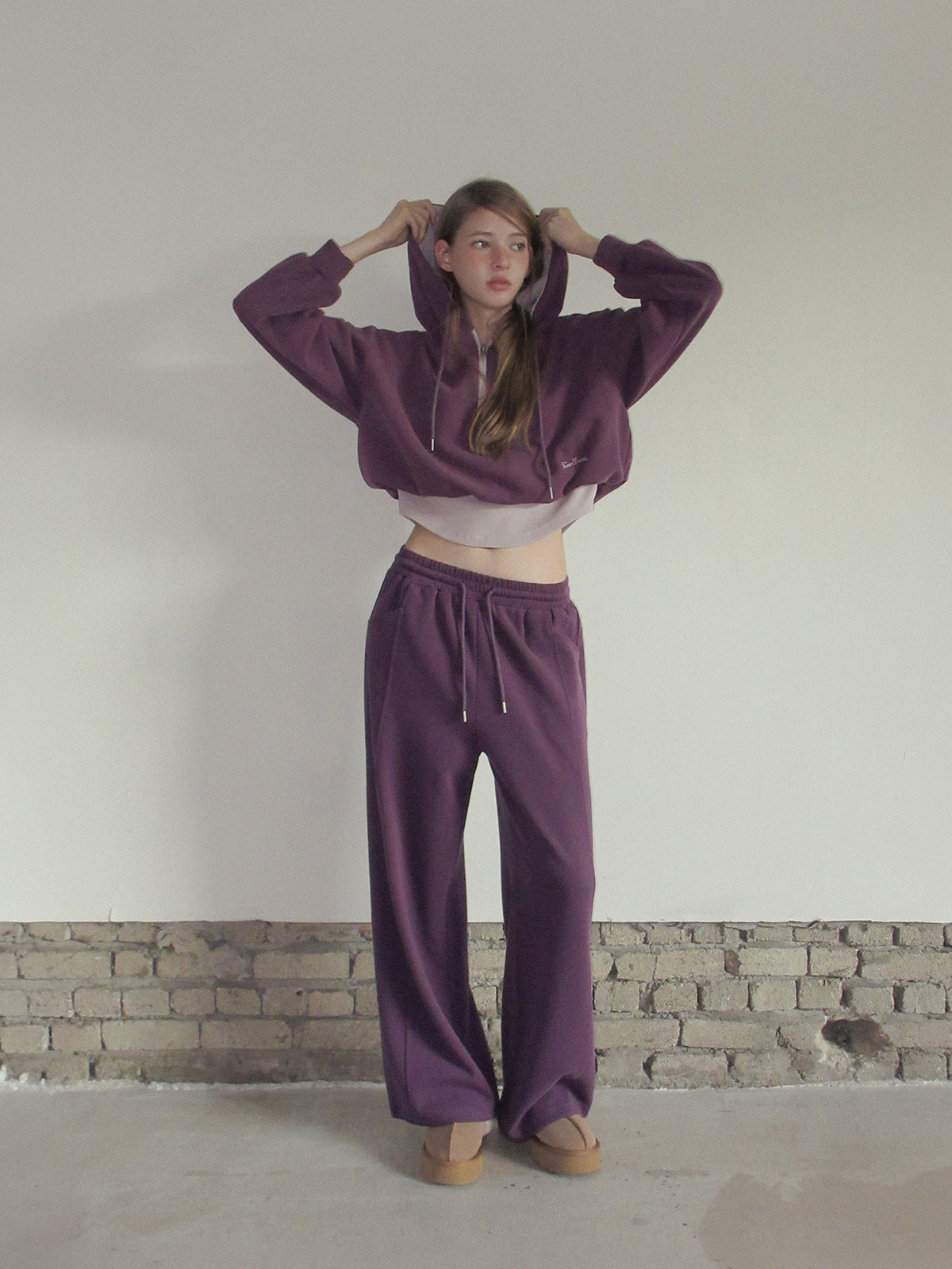 TWEE Medi layered half hood zip-up T-shirt - Model styling view