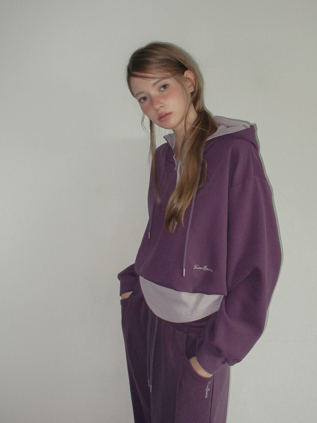 TWEE Medi layered half hood zip-up T-shirt - Model styling view