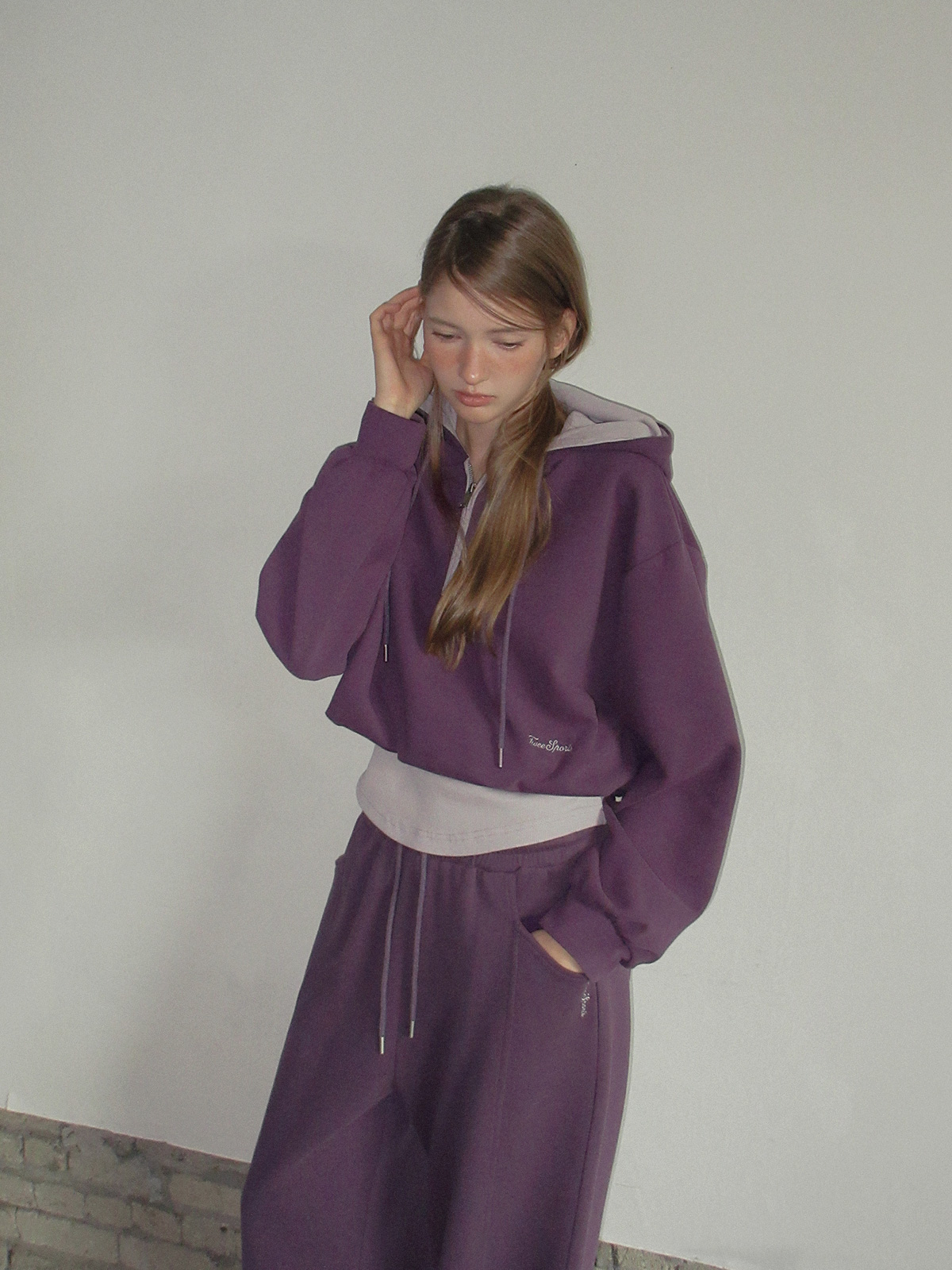 TWEE Medi layered half hood zip-up T-shirt - Model styling view